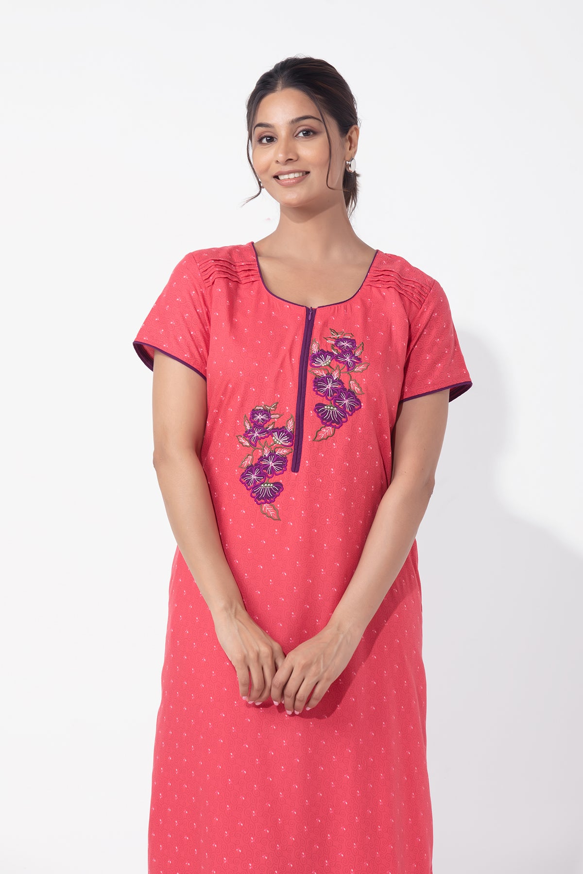 Floral Embroidered Pink Printed Nighty