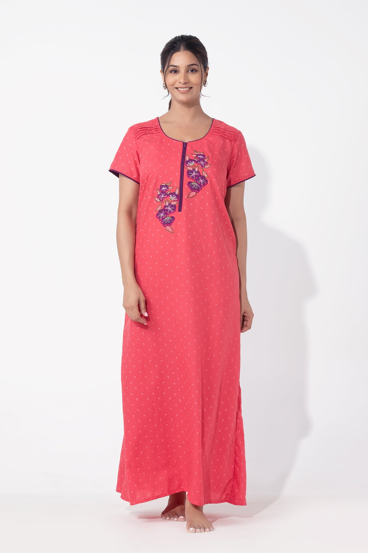 Floral Embroidered Pink Printed Nighty