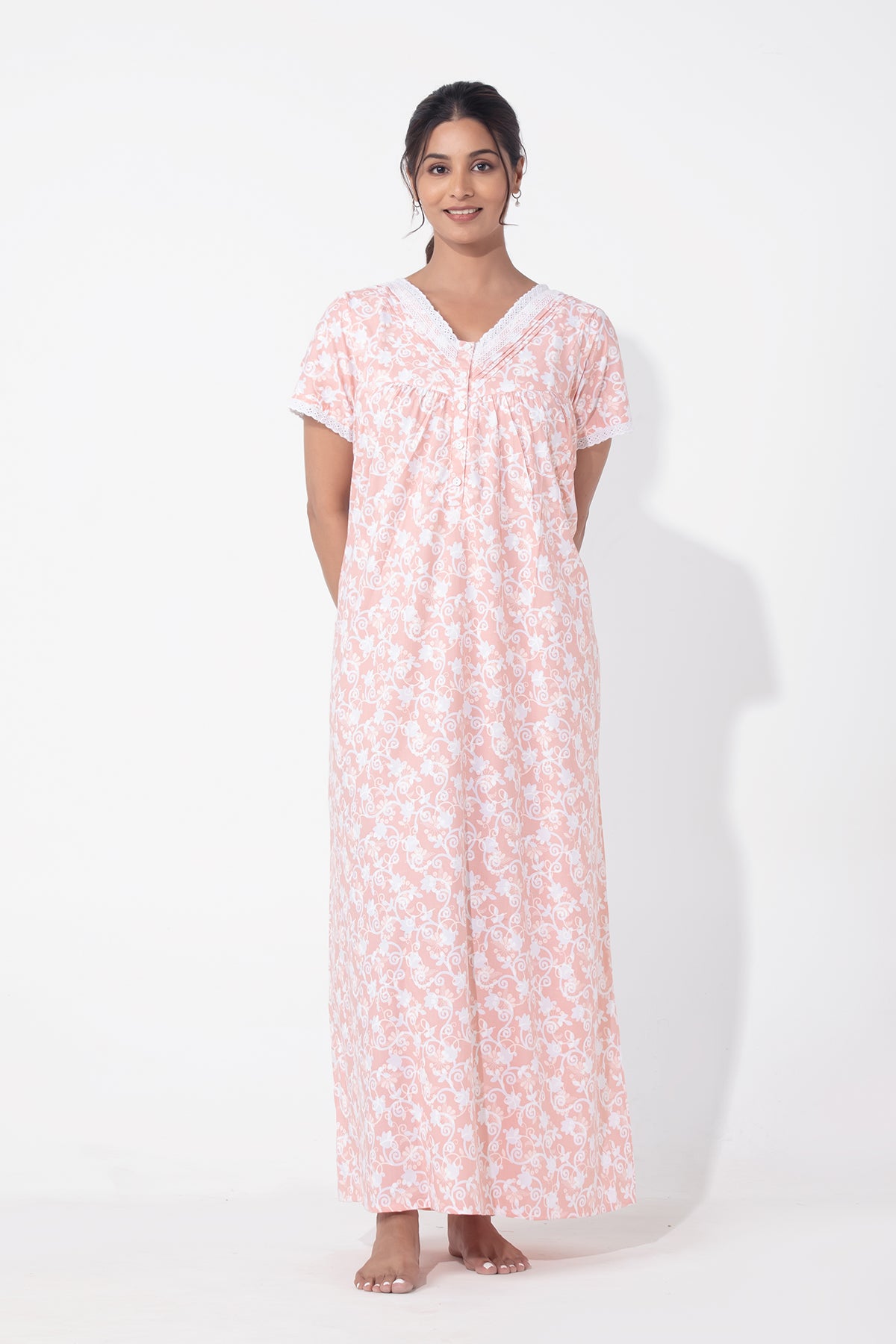 Pastel Floral Print on Print Peach Nighty