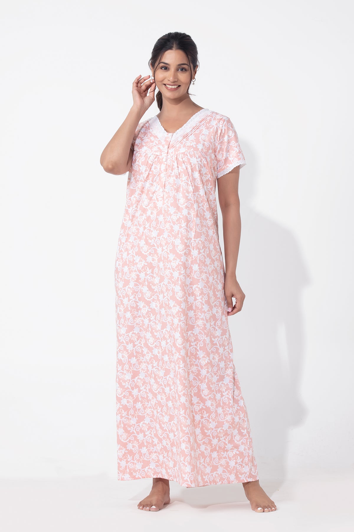 Pastel Floral Print on Print Peach Nighty