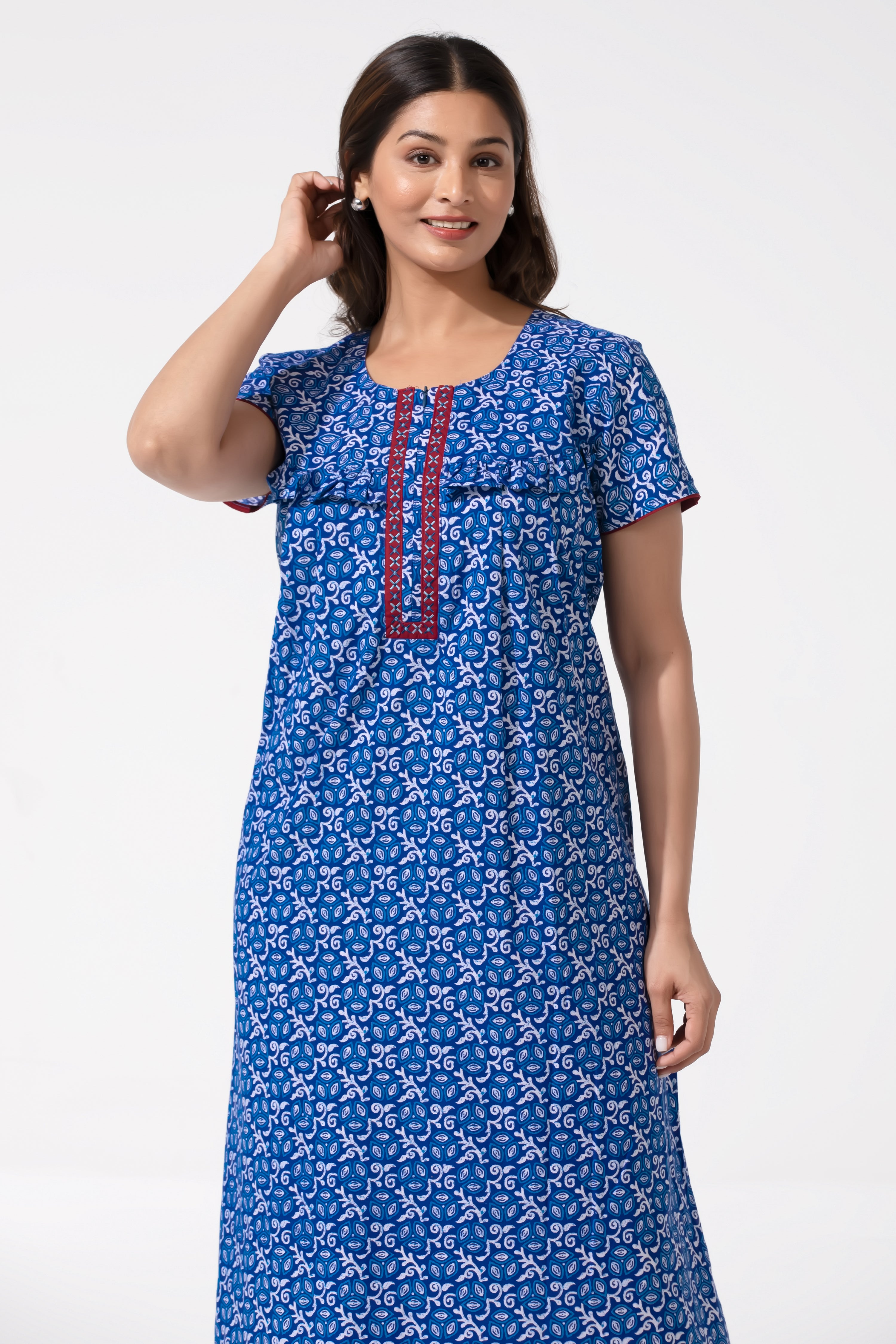 Blue Batik Printed Cotton Nighty with Ruffled Yoke