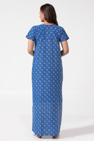 Blue Batik Printed Cotton Nighty with Ruffled Yoke