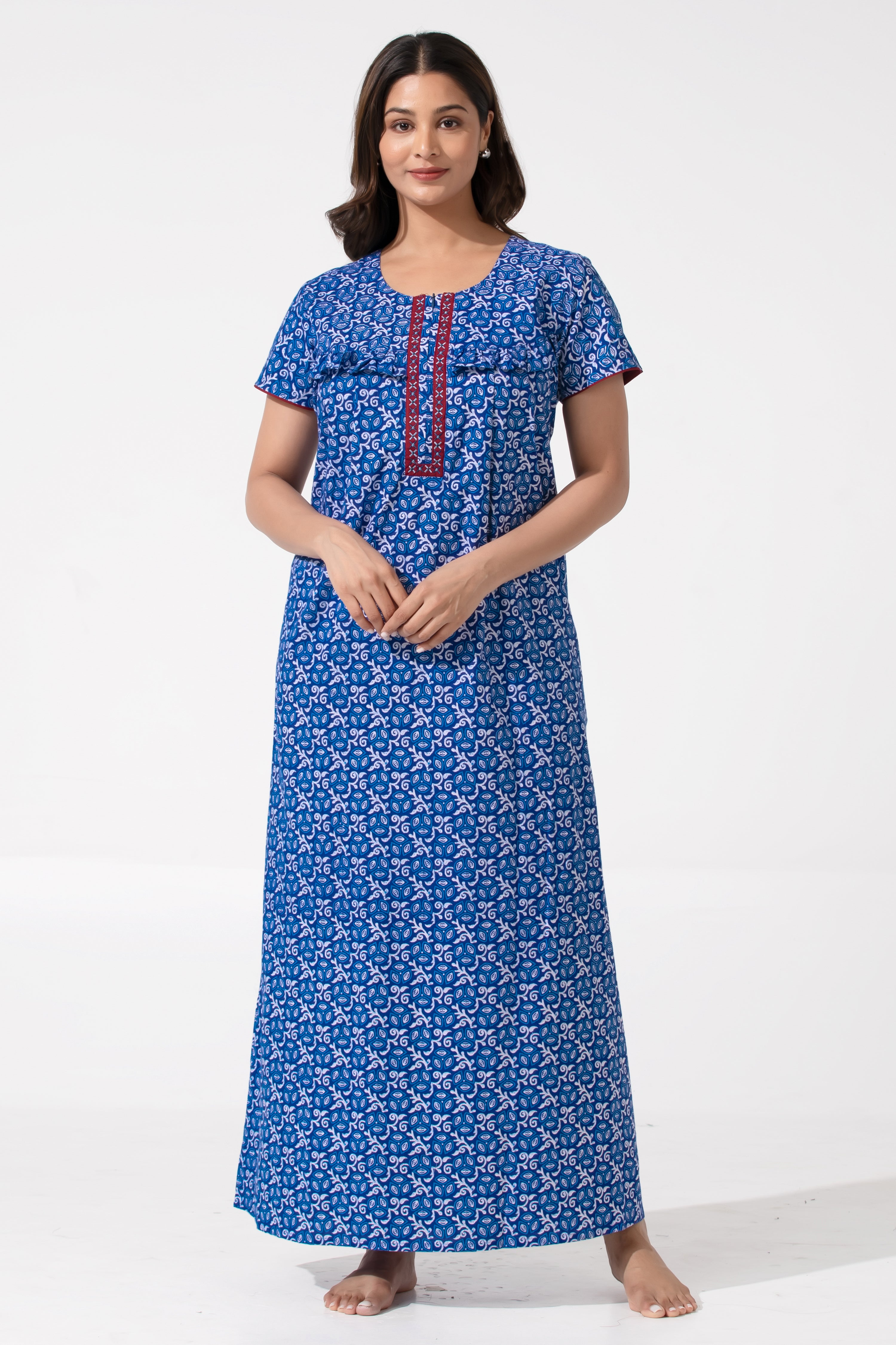 Blue Batik Printed Cotton Nighty with Ruffled Yoke