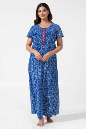 Blue Batik Printed Cotton Nighty with Ruffled Yoke