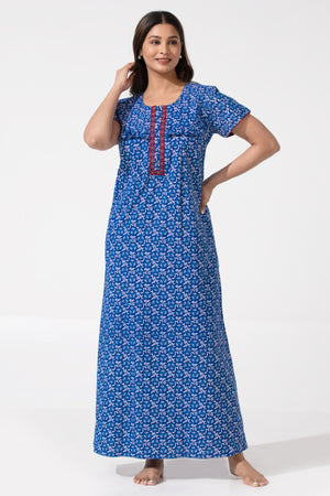 Blue Batik Printed Cotton Nighty with Ruffled Yoke