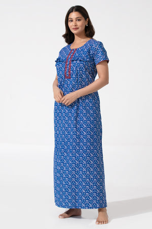 Blue Batik Printed Cotton Nighty with Ruffled Yoke