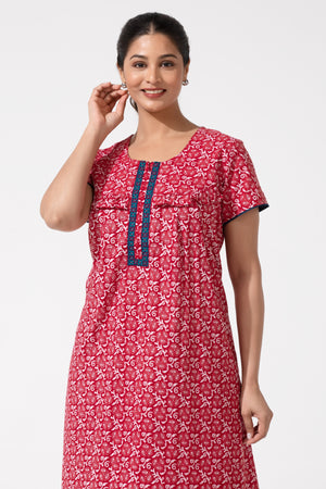 Red Batik Printed Nighty with Ruffled Yoke & Zipper Closure