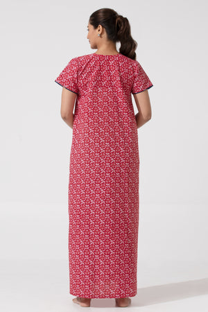 Red Batik Printed Nighty with Ruffled Yoke & Zipper Closure