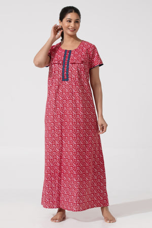 Red Batik Printed Nighty with Ruffled Yoke & Zipper Closure