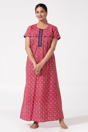 Red Batik Printed Nighty with Ruffled Yoke & Zipper Closure