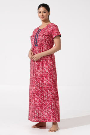 Red Batik Printed Nighty with Ruffled Yoke & Zipper Closure