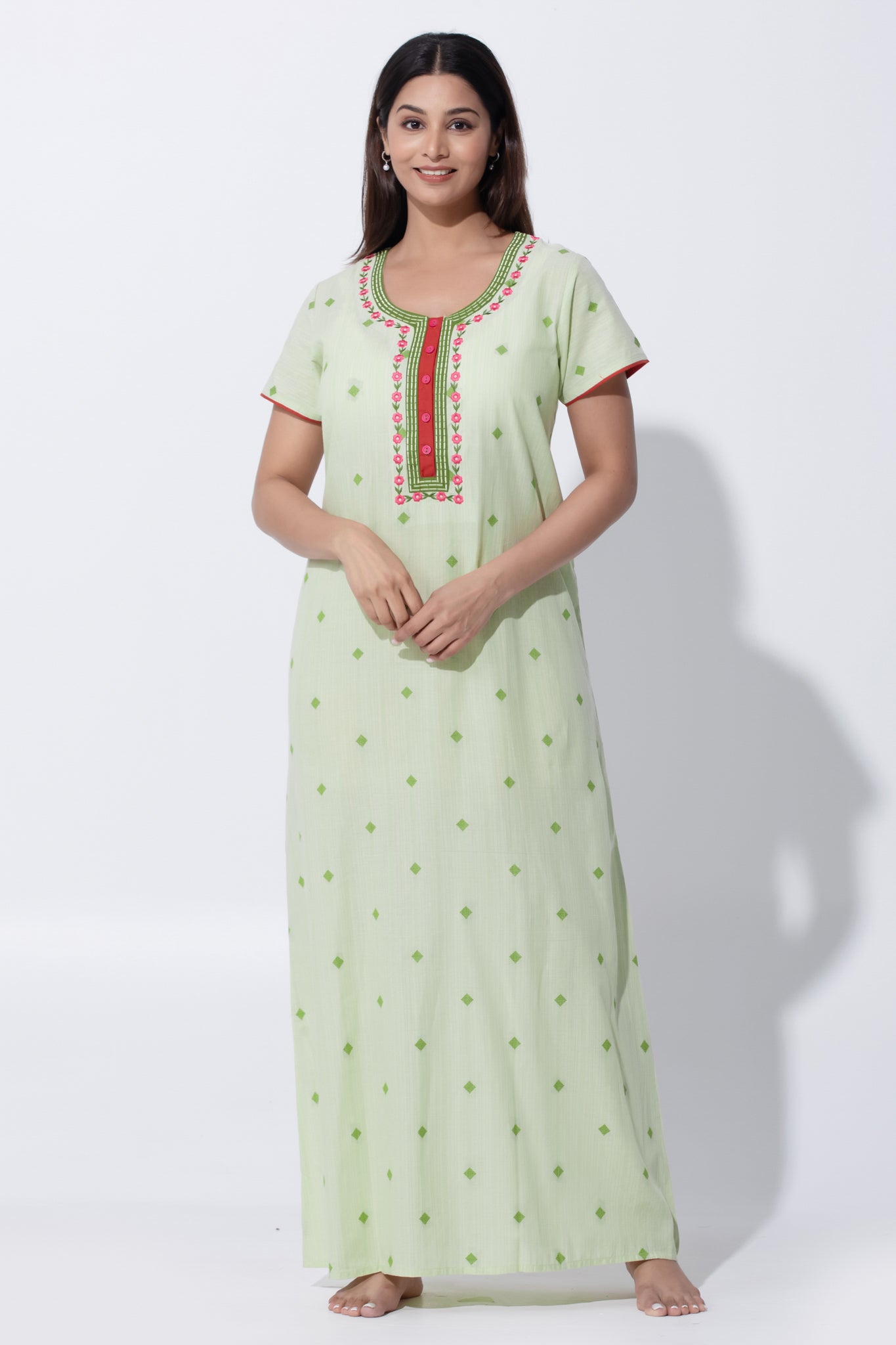 Light Green Cotton Nightwear with Embroidered Yoke with Button