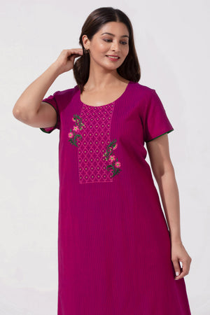 Solid Magenta Nighty with Embellished Embriodered Work Yoke