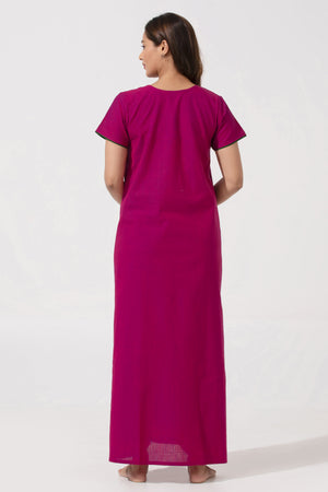 Solid Magenta Nighty with Embellished Embriodered Work Yoke