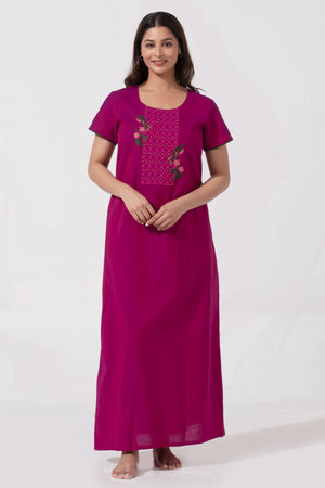 Solid Magenta Nighty with Embellished Embriodered Work Yoke
