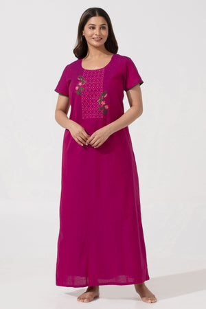 Solid Magenta Nighty with Embellished Embriodered Work Yoke