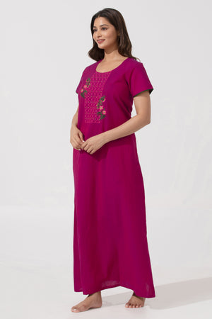 Solid Magenta Nighty with Embellished Embriodered Work Yoke