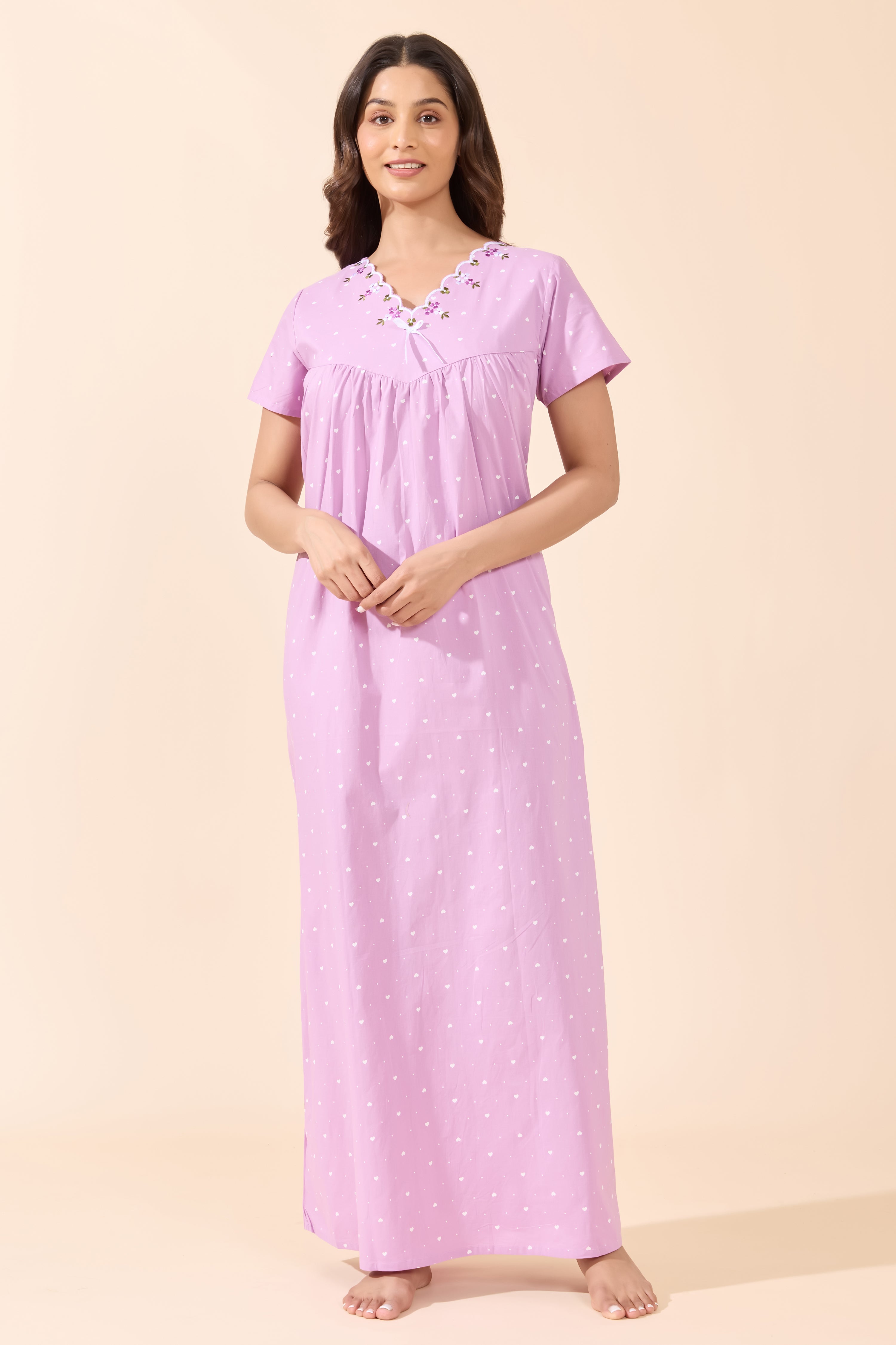 Lavender Hearts Printed Cotton Nightwear