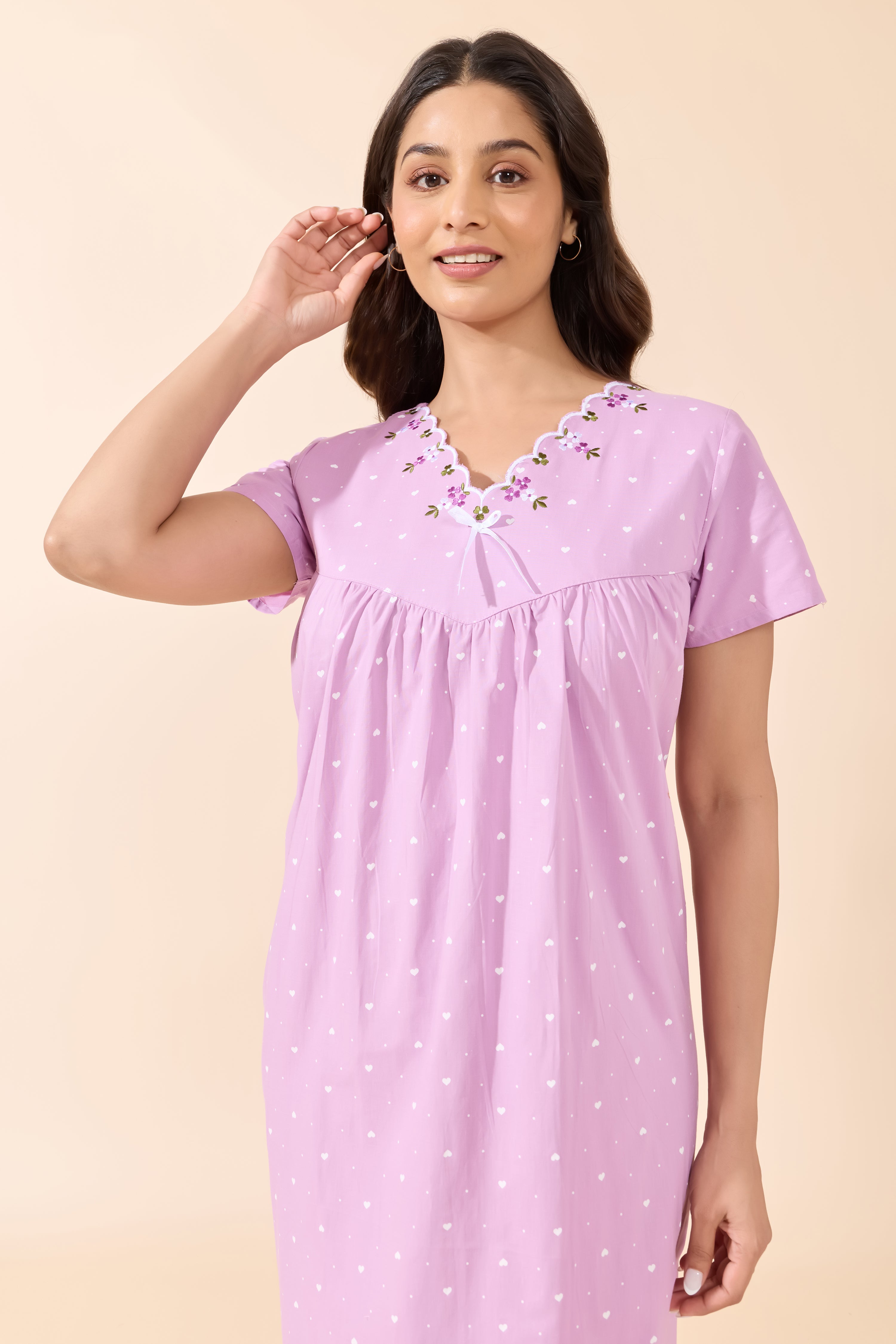 Lavender Hearts Printed Cotton Nightwear