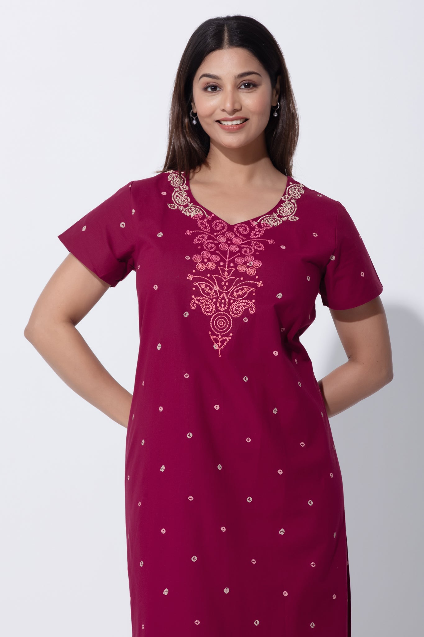 Bandhni Printed & Embroidered Yoke Nighty