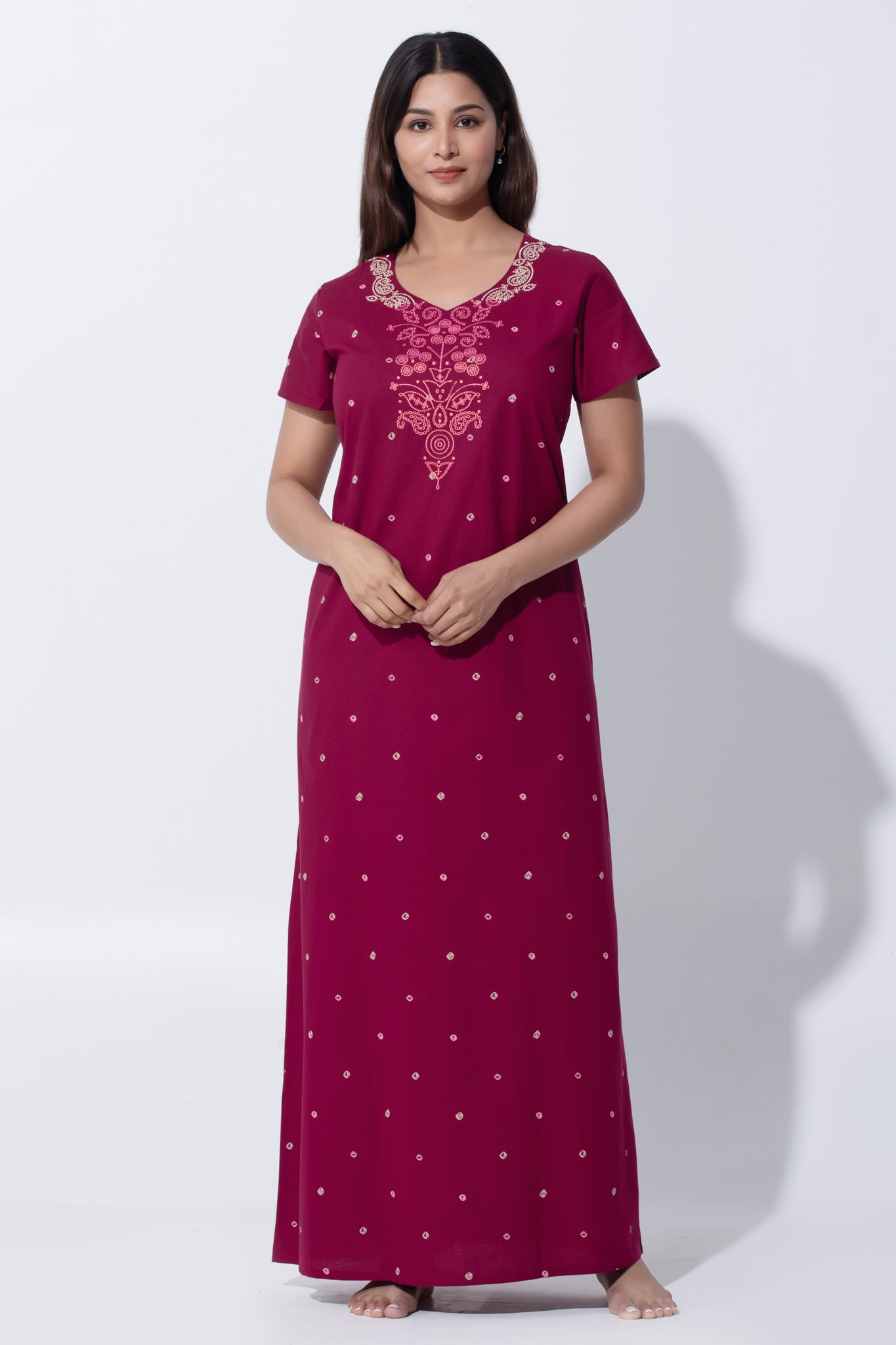 Bandhni Printed & Embroidered Yoke Nighty
