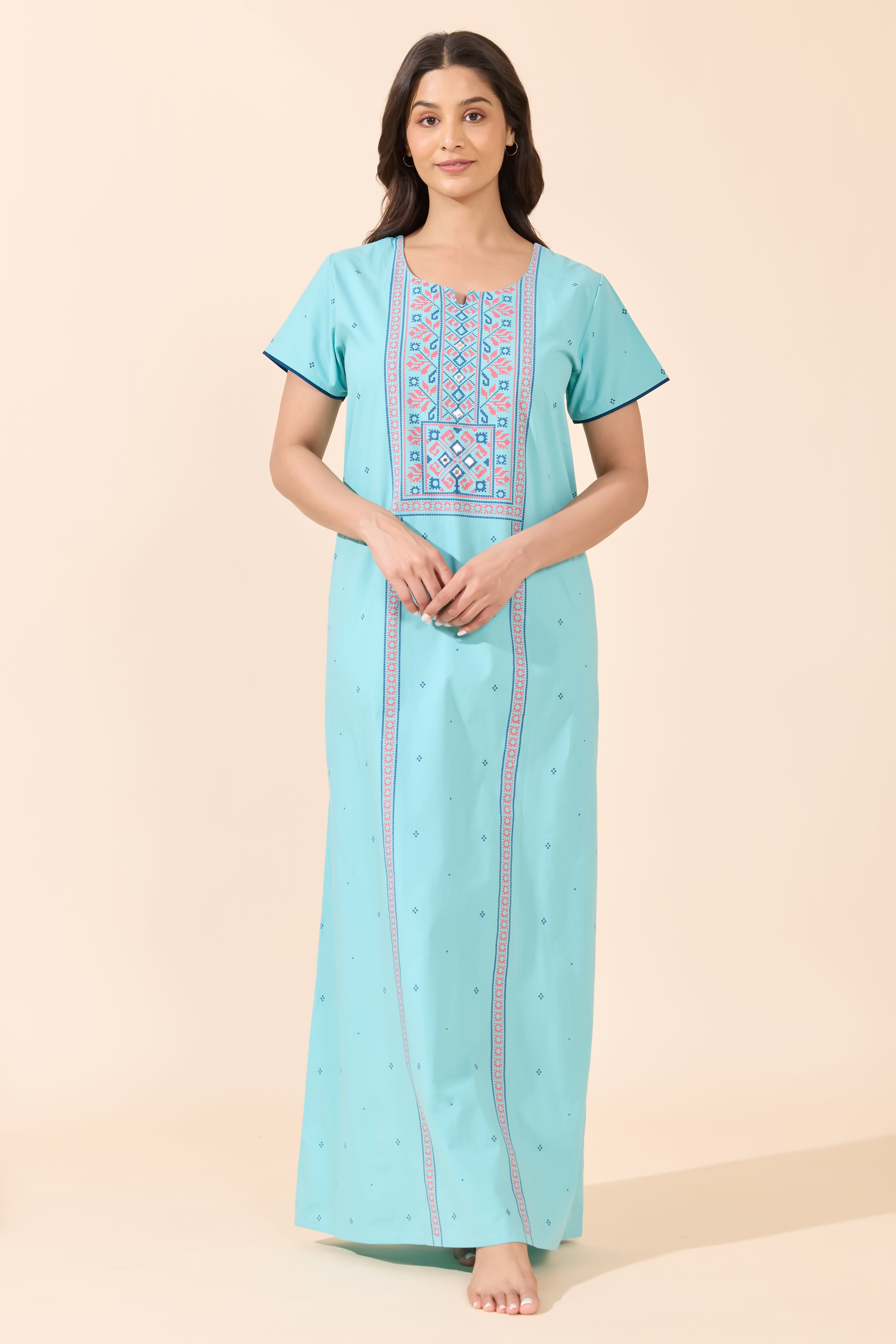 Turquoise Butti Printed Cotton Nightwear