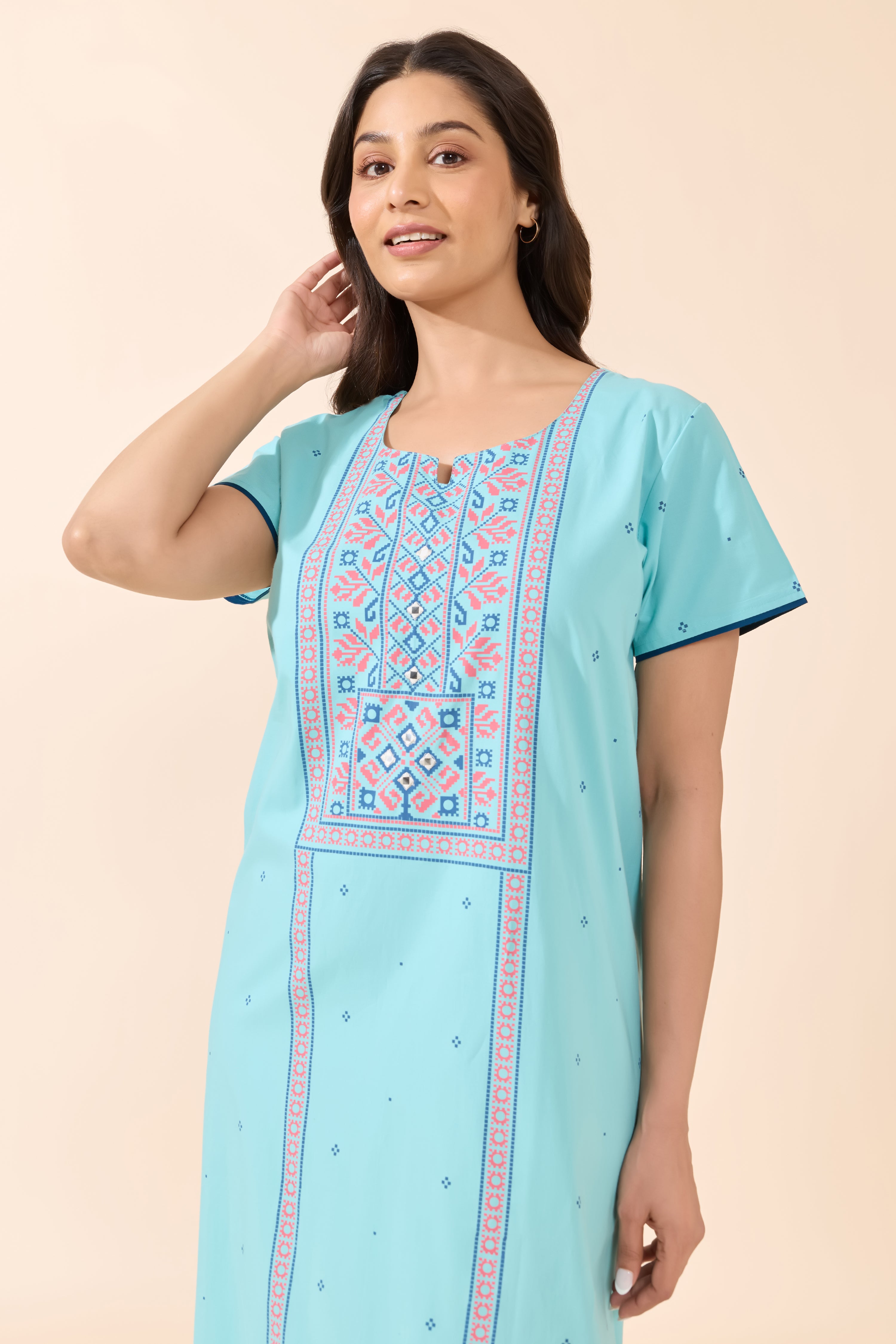 Turquoise Butti Printed Cotton Nightwear