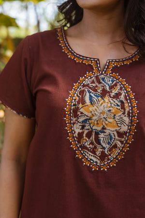 Brown Cotton Nighty with Kalamkari Yoke Patchwok