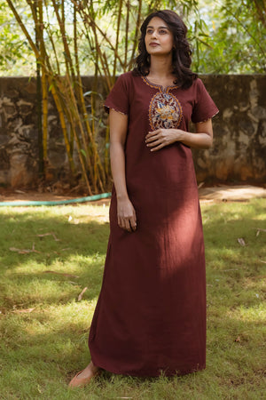 Brown Cotton Nighty with Kalamkari Yoke Patchwok