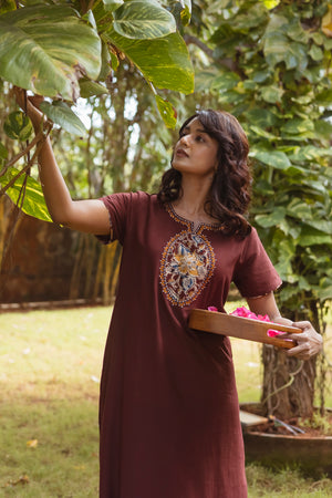 Brown Cotton Nighty with Kalamkari Yoke Patchwok