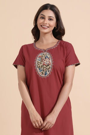 Rust Cotton Nighty with Kalamkari Yoke Patchwok