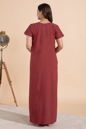Rust Cotton Nighty with Kalamkari Yoke Patchwok