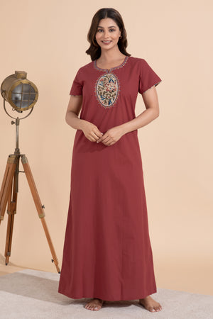 Rust Cotton Nighty with Kalamkari Yoke Patchwok
