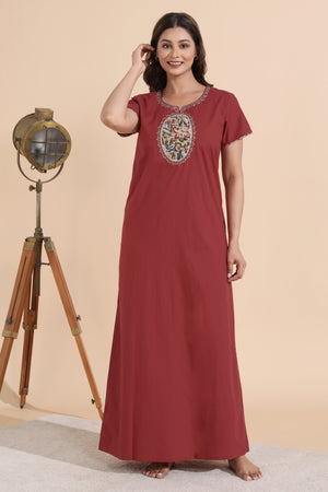Rust Cotton Nighty with Kalamkari Yoke Patchwok