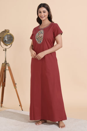 Rust Cotton Nighty with Kalamkari Yoke Patchwok