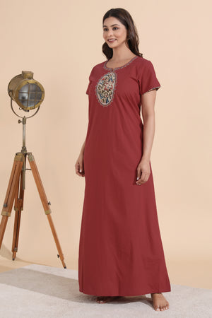 Rust Cotton Nighty with Kalamkari Yoke Patchwok