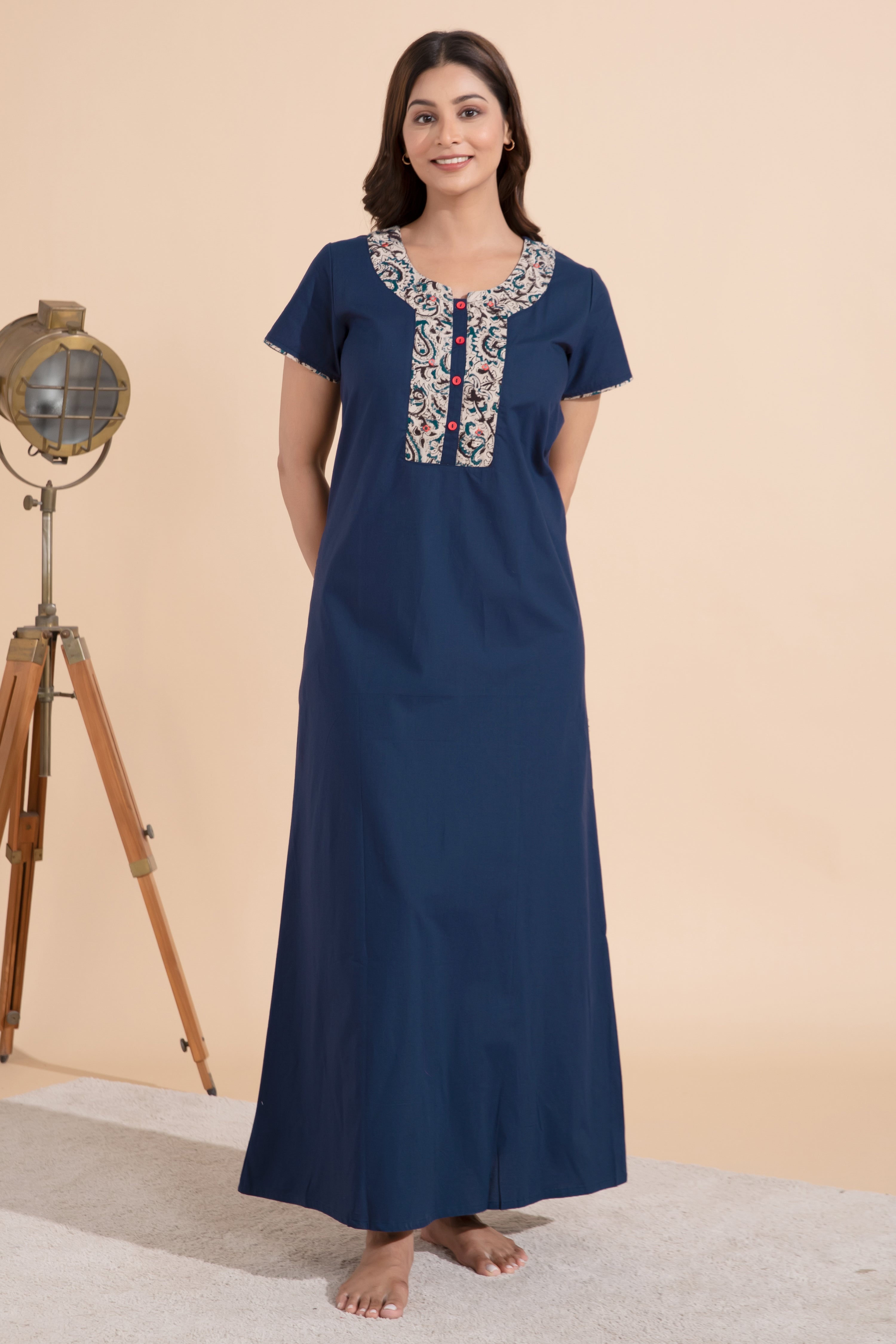 Solid Navy Blue Nighty with Kalamkari Printed Yoke