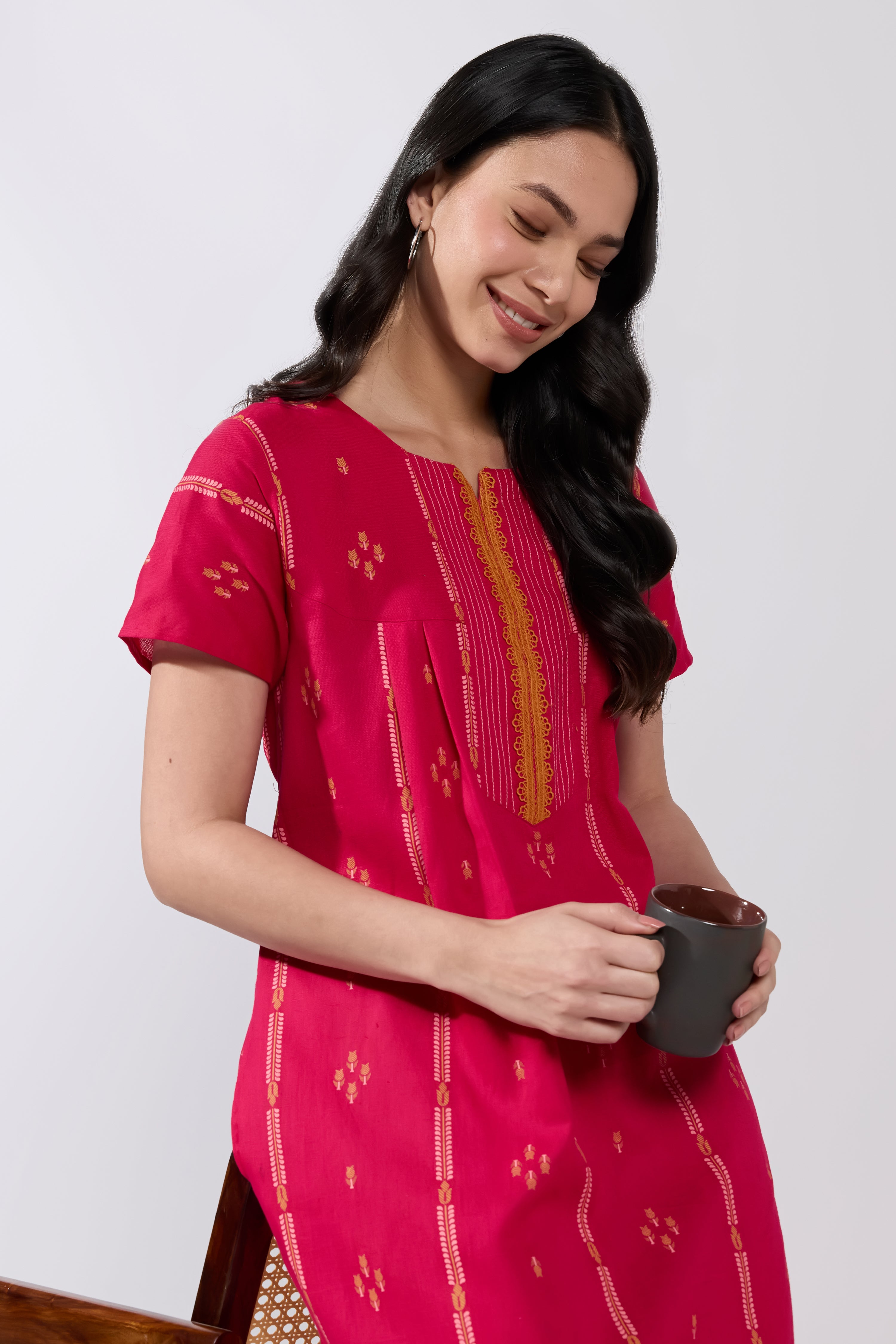 DARK PINK COTTON NIGHTWEAR WITH BUTTA PRINT