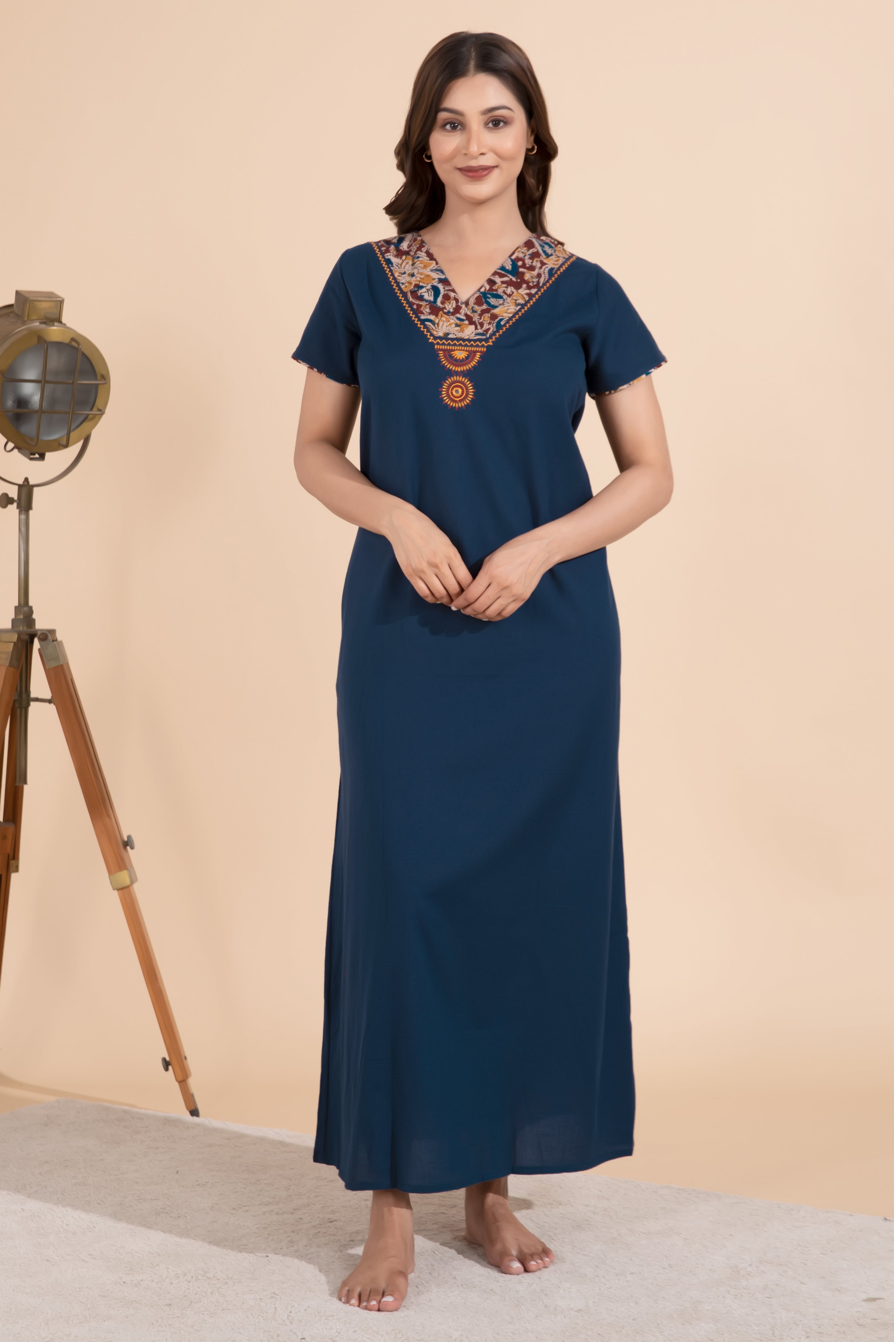 Solid Blue Nighty with Kalamkari Printed & Embroidered Neckline