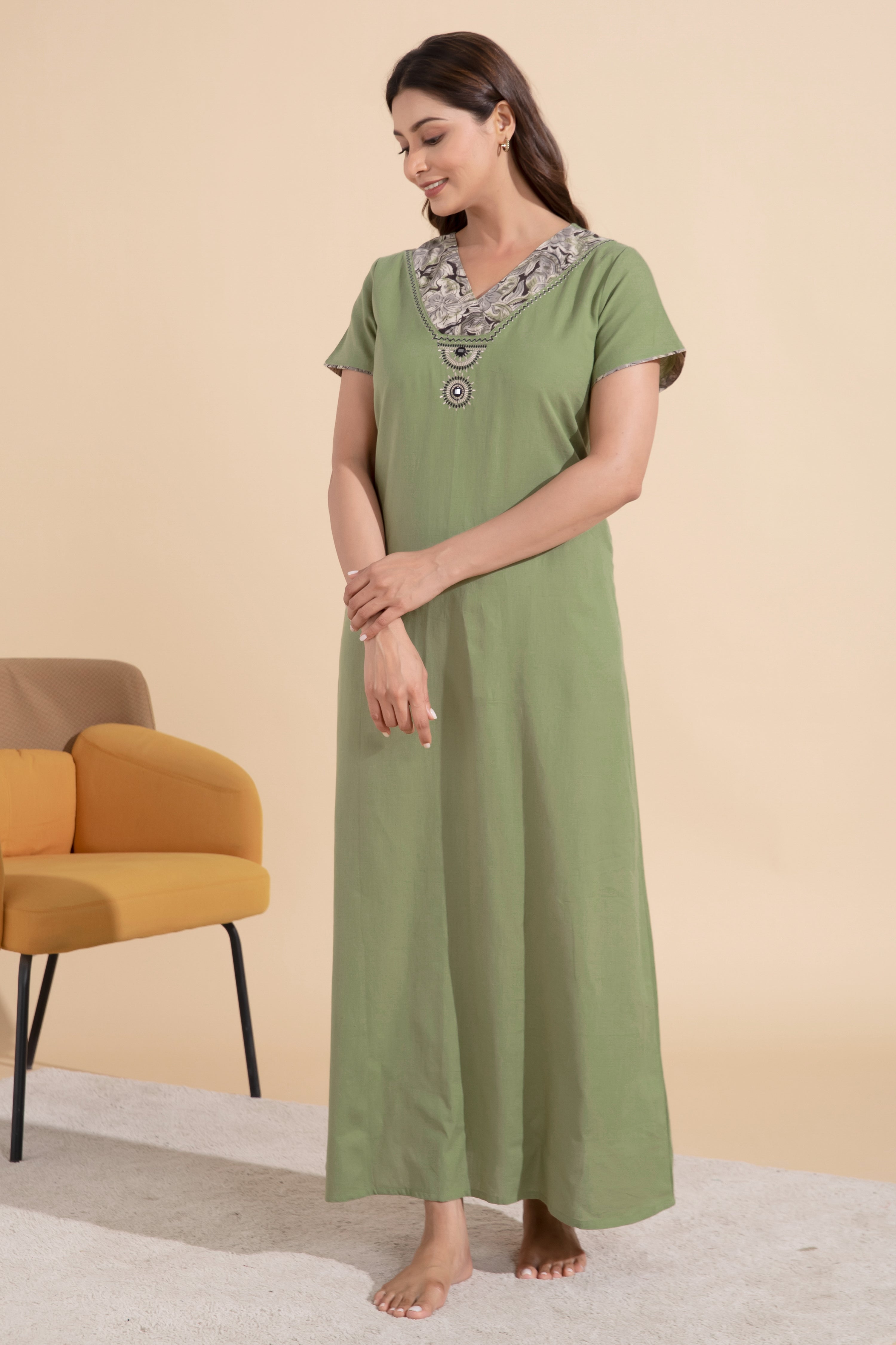 Solid Green Nighty with Kalamkari Printed & Embroidered Neckline