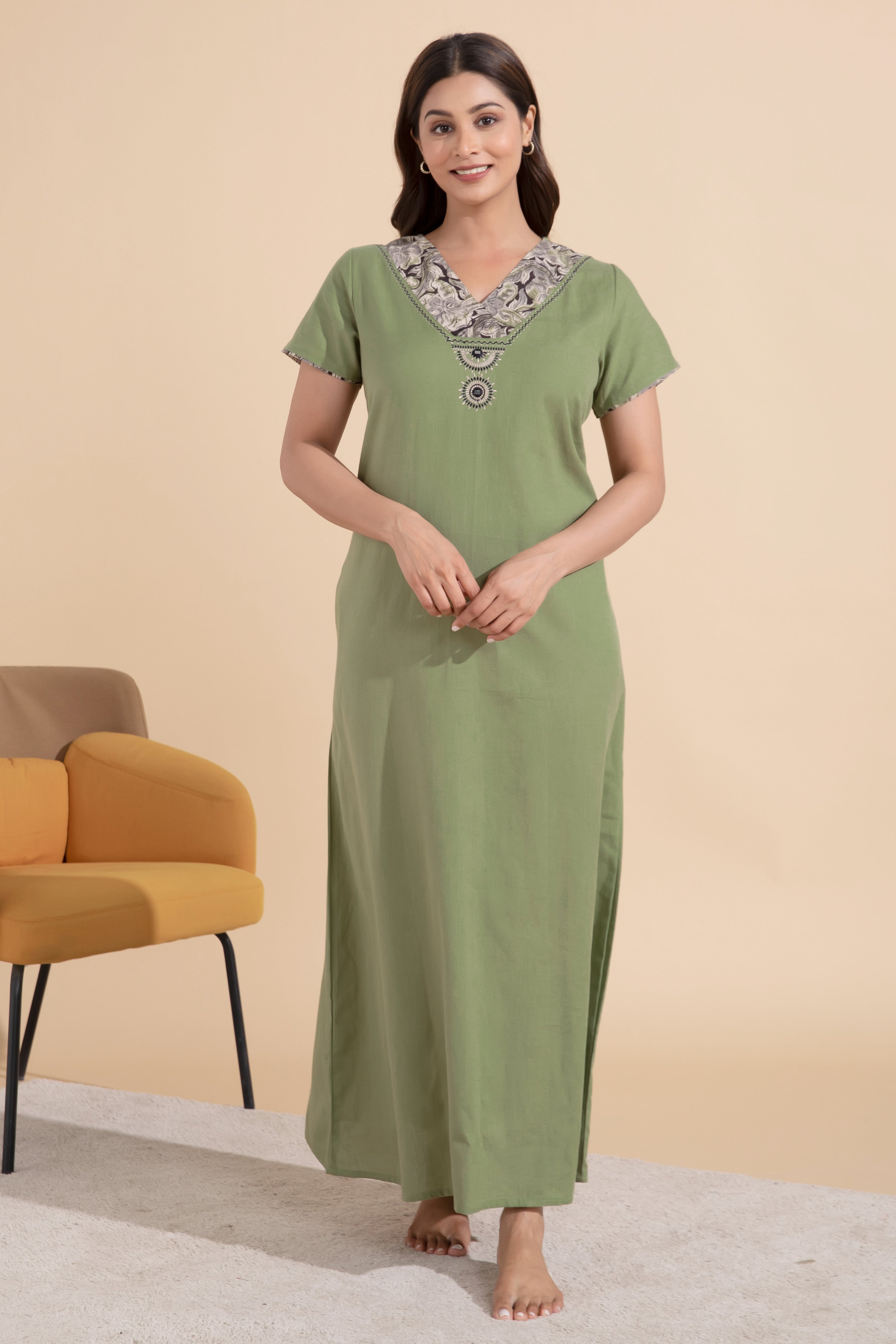 Solid Green Nighty with Kalamkari Printed & Embroidered Neckline