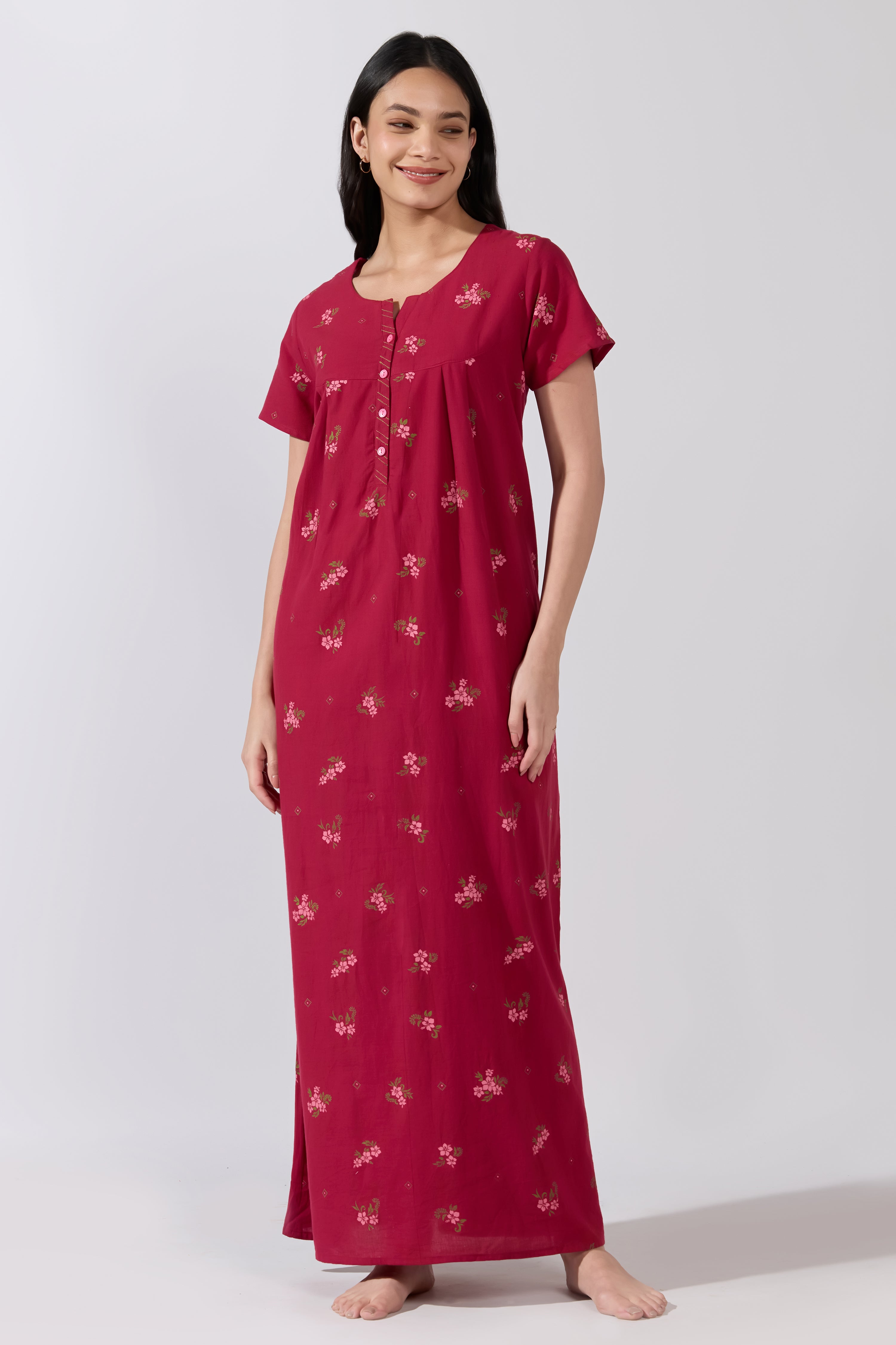 Maroon Floral Printed Cotton Nightwear