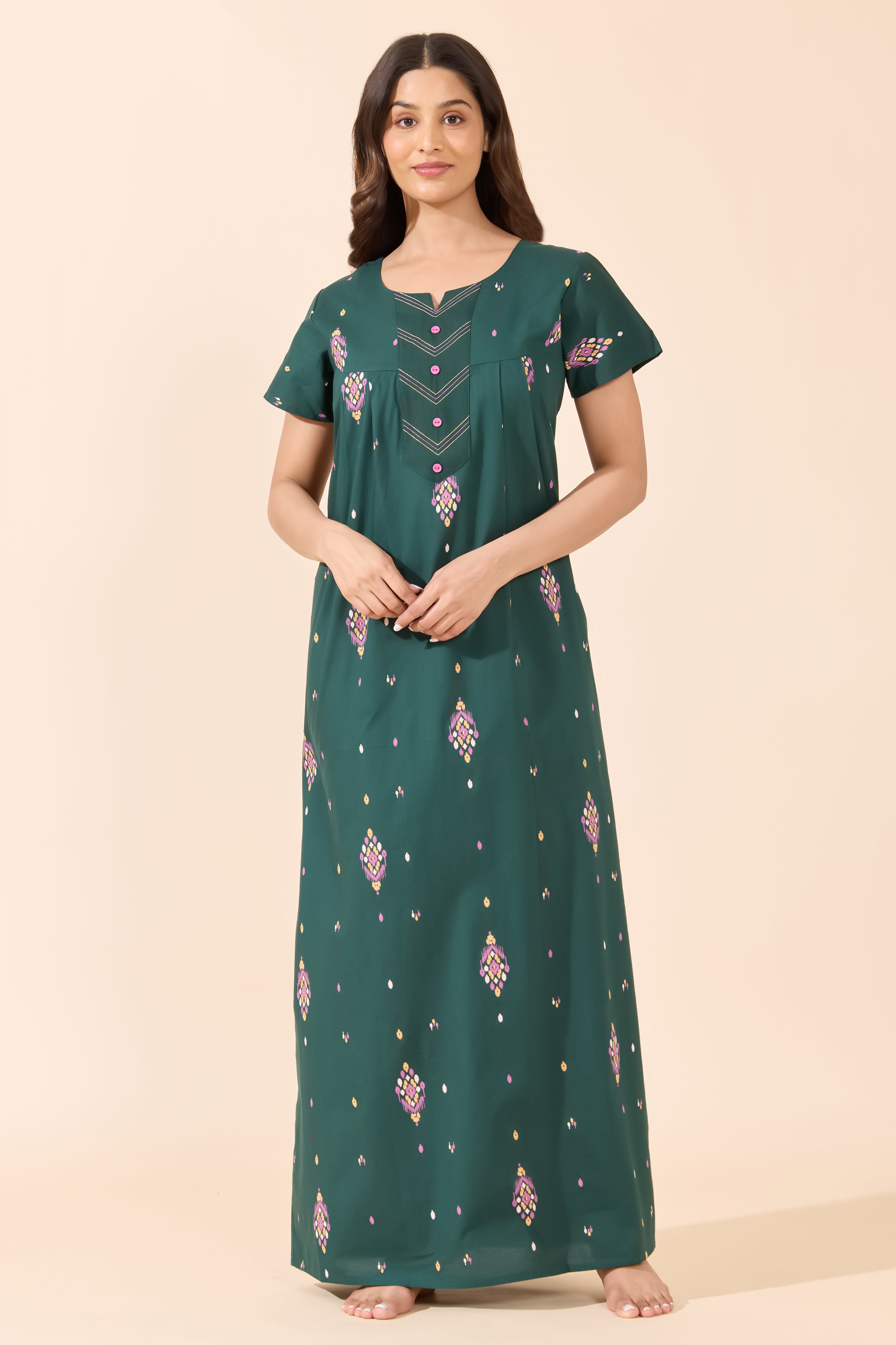 Green Ikat Printed Cotton Nightwear