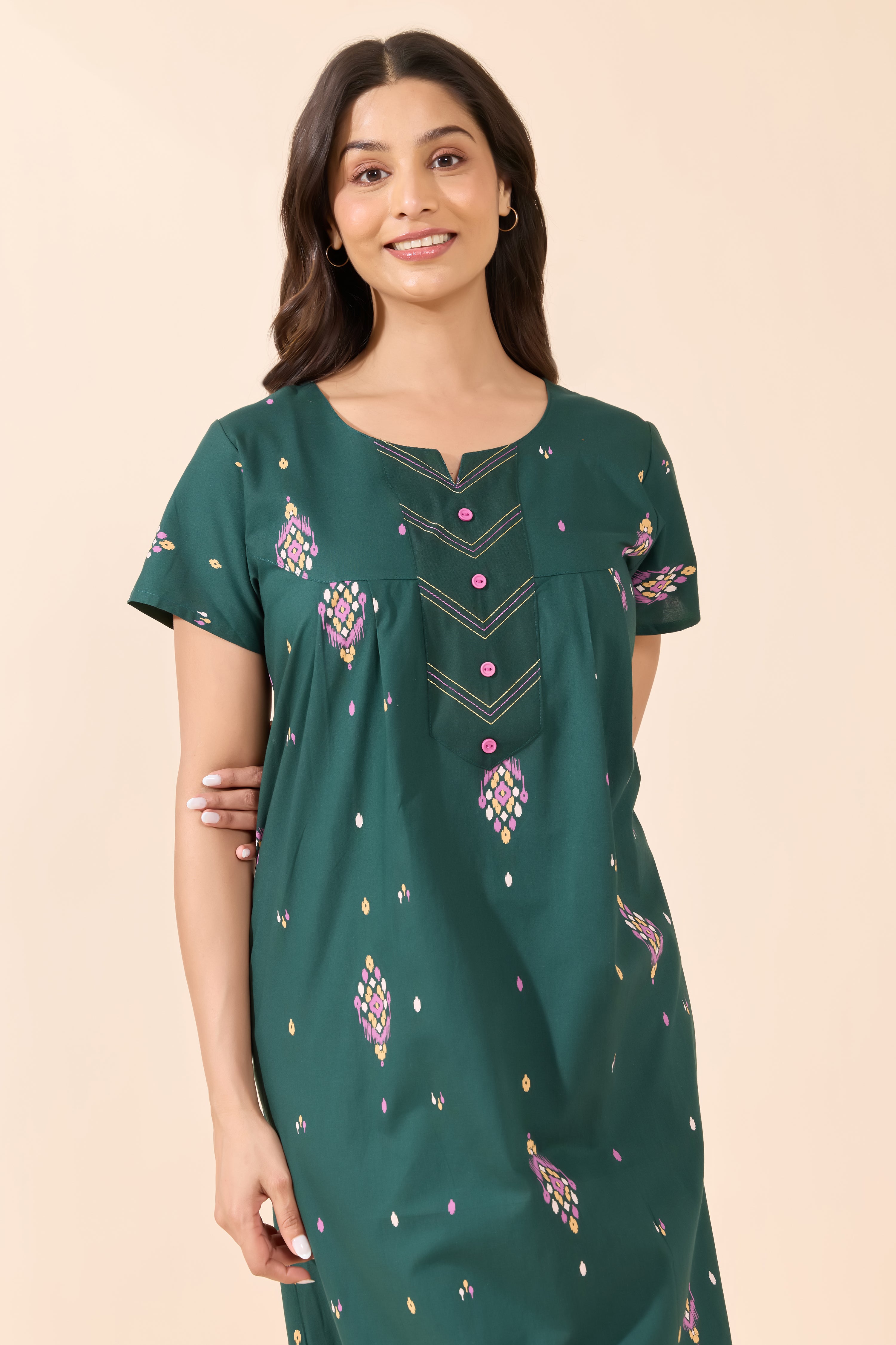 Green Ikat Printed Cotton Nightwear