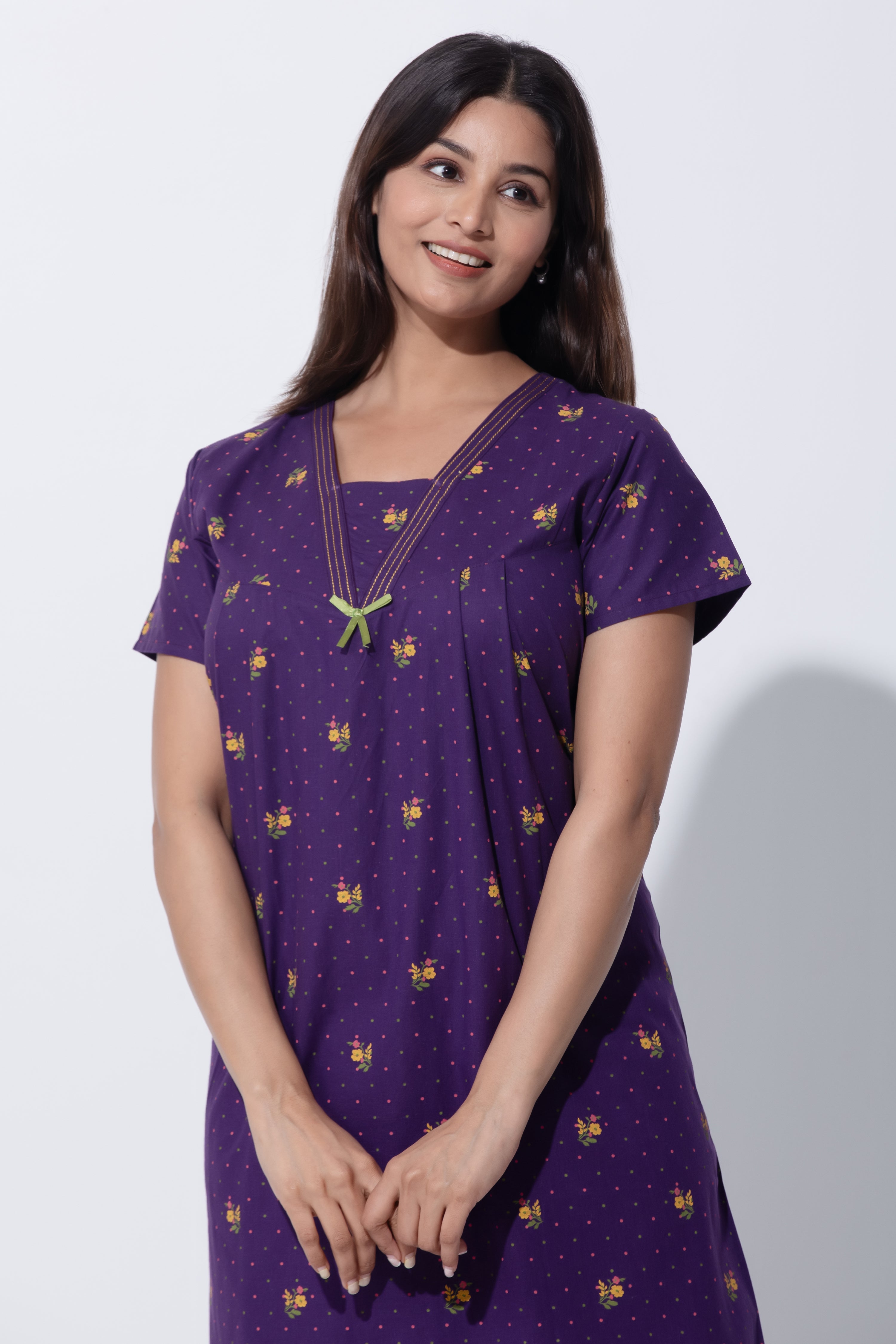 Purple Floral Printed Pure Cotton Nightwear with Running Stitch Neckline