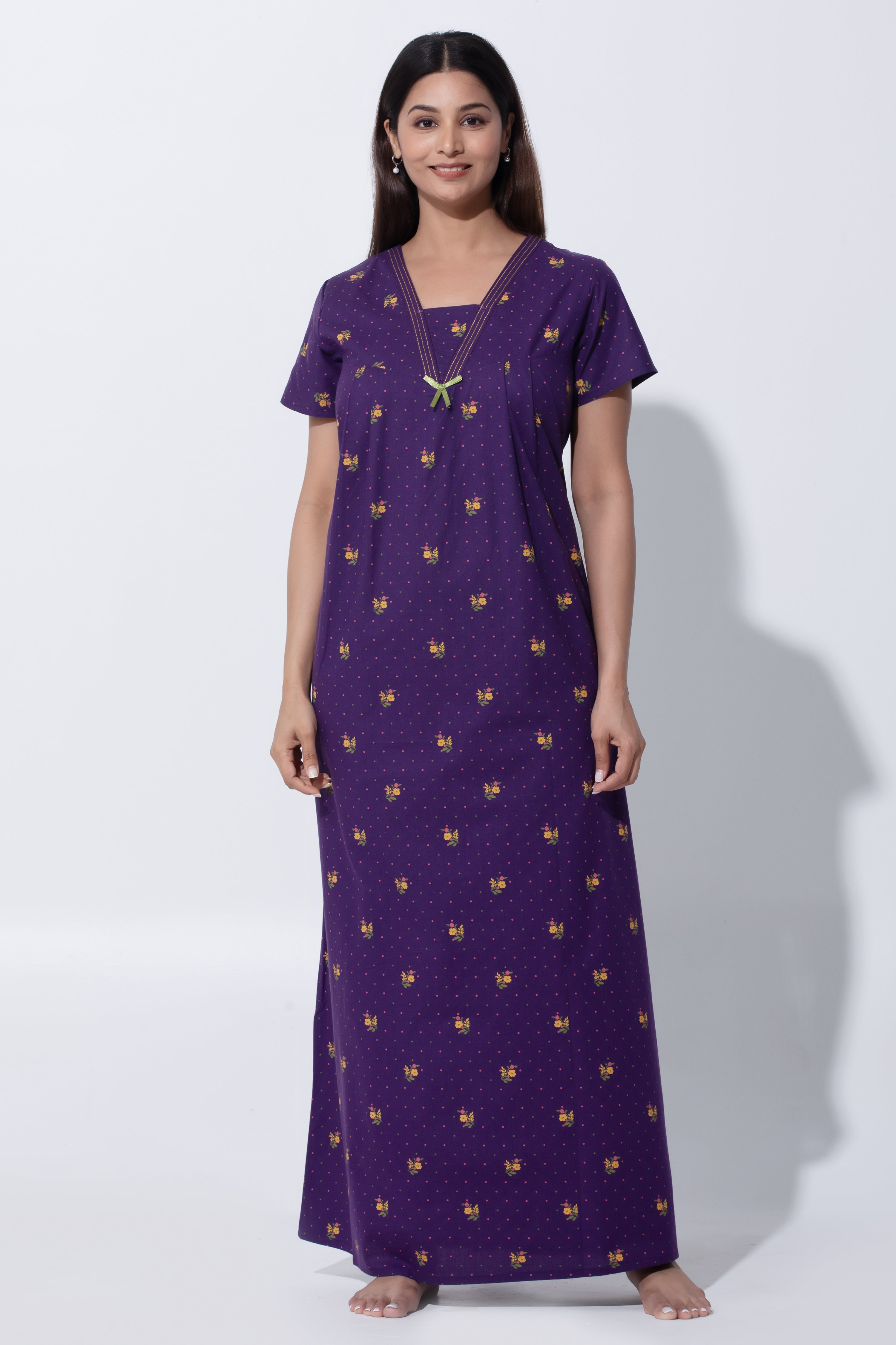 Purple Floral Printed Pure Cotton Nightwear with Running Stitch Neckline