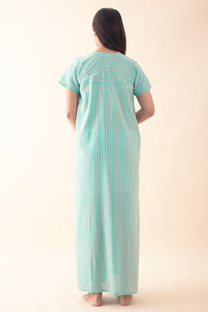 Striped Nighty with Block Printed Yoke - Teal Blue