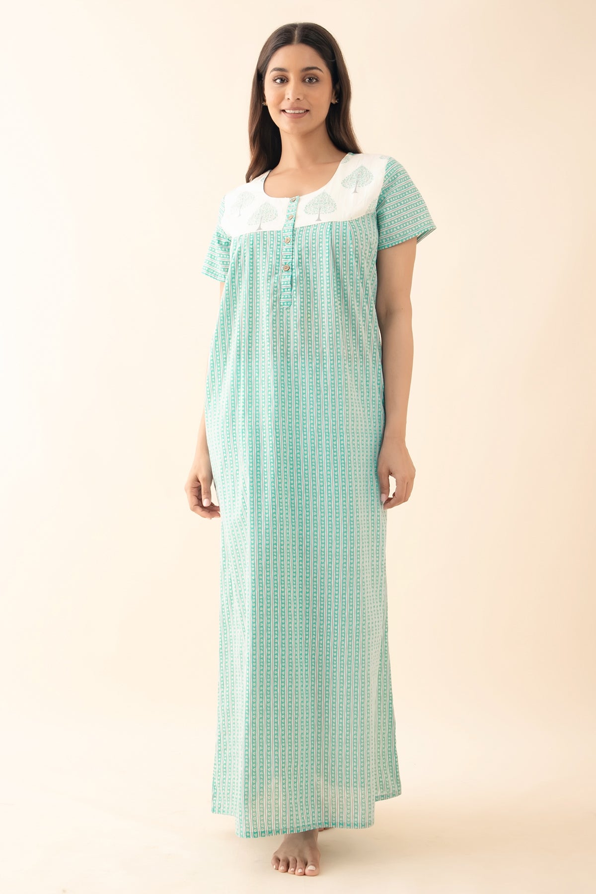 Striped Nighty with Block Printed Yoke - Teal Blue