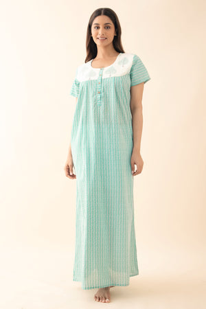 Striped Nighty with Block Printed Yoke - Teal Blue