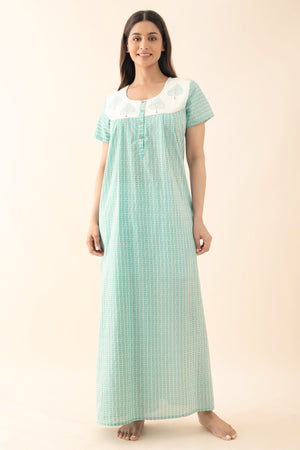Striped Nighty with Block Printed Yoke - Teal Blue